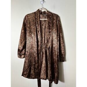 Morgan Taylor Intimates Brown Leopard Print Belted Satin Robe Sz S